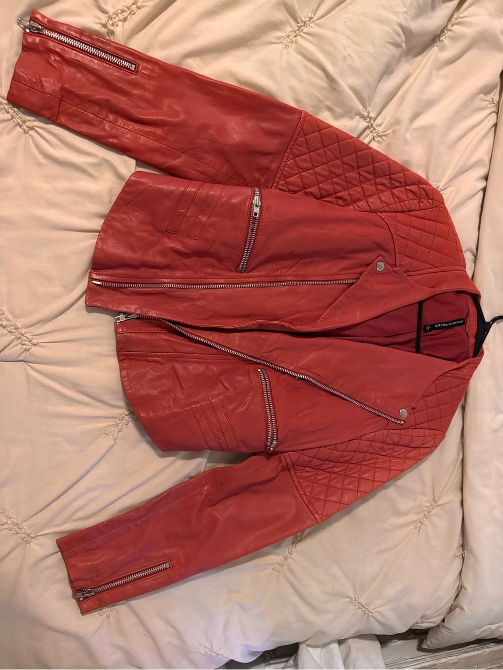 W118 Walter Baker Red Genuine Leather Quilted Moto Jacket Small